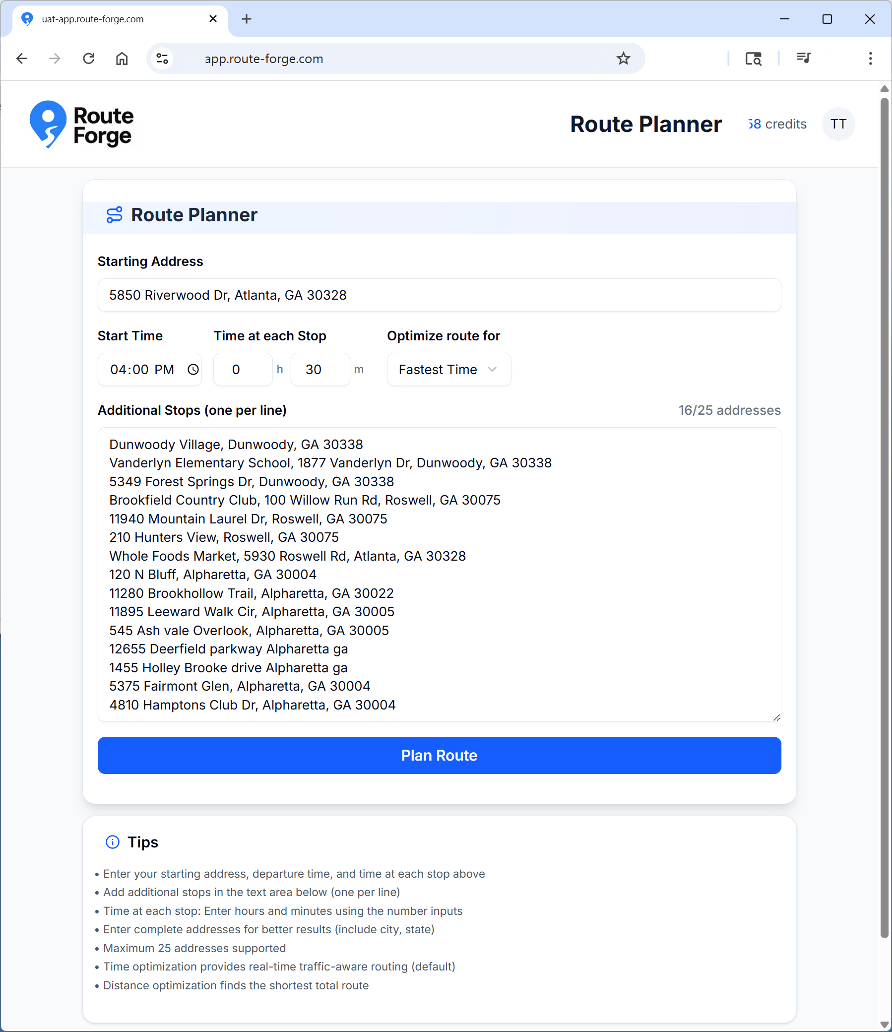 Route Planner Interface - Route optimization and planning